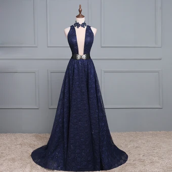 Sexy Navy Blue Evening Dresses 2017 A Line Princess V Neck Sleeveless Sequins Sash Backless Formal Dresses