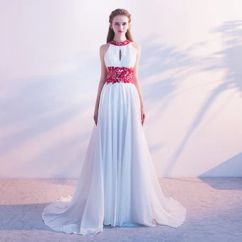 Élégant Blanche Robe De Soirée 2017 Princesse Sans Manches Encolure Dégagée Fleur En Dentelle Ceinture Volants Chiffon Robe De Ceremonie Tribunal Train