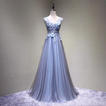 Chic Beautiful Black Sky Blue Prom Dresses 2017 A Line Princess V Neck Sleeveless Crossed Straps Appliques Flower Backless Beading Floor Length Long Formal Dresses