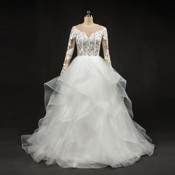 Maravilloso Blanco Vestidos De Novia 2017 Scoop Escote Manga Larga Sin Espalda Traspasado Con Encaje Plisado Organza Largos Ball Gown
