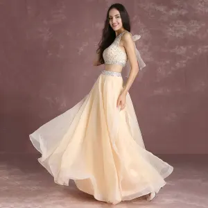 Bling Bling 2 Bit Nude Balklänningar 2017 Prinsessa Urringning Ärmlös Ruffle Organza Beading Paljetter Långa Formella Klänningar