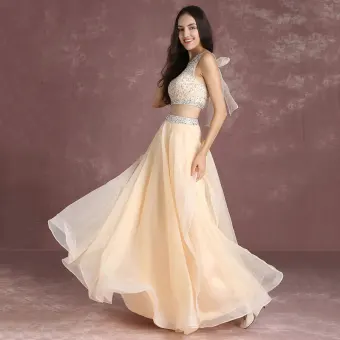 Bling Bling 2 Piece Nude Prom Dresses 2017 A Line Princess Scoop Neck Sleeveless Ruffle Organza Beading Sequins Floor Length Long Formal Dresses