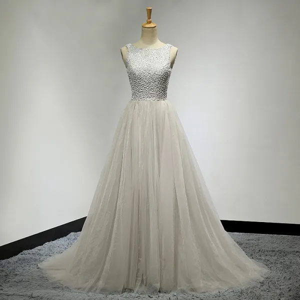 Chic / Beautiful Grey Prom Dresses 2017 A-Line / Princess Scoop Neck Sleeveless Beading Ruffle Tulle Backless Formal Dresses Sweep Train