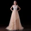 Chic / Beautiful Champagne Backless Wedding Dresses 2017 A-Line / Princess V-Neck Shoulders Sleeveless Beading Pearl Court Train
