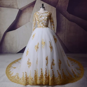 Sparkly White Gold Wedding Dresses 2017 Scoop Neck Shoulders Long Sleeve Appliques Lace Sequins Ball Gown Royal Train