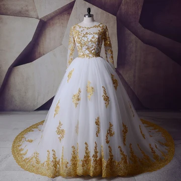 Sparkly White Gold Wedding Dresses 2017 Scoop Neck Shoulders Long Sleeve Appliques Lace Sequins Ball Gown Royal Train