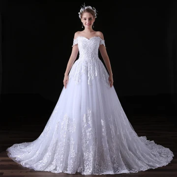 Elegant White Wedding Dresses 2017 A Line Princess Off The Shoulder Sweetheart Backless Appliques Lace Sequins Ruffle Tulle Chapel Train
