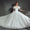 Stunning Cinderella Wedding Dresses 2017 A-Line / Princess Off-The-Shoulder Short Sleeve Butterfly Backless Ruffle White Organza Chapel Train