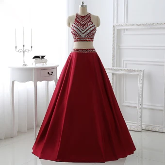 Sparkly 2 Piece Burgundy Prom Dresses 2017 A Line Princess Scoop Neck Sleeveless Beading Crystal Rhinestone Floor Length Long Satin Formal Dresses