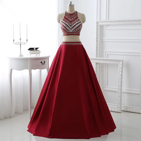 Sparkly 2 Piece Burgundy Prom Dresses 2017 A-Line / Princess Scoop Neck Sleeveless Beading Crystal Rhinestone Floor-Length / Long Satin Formal Dresses