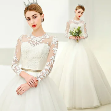Élégant Blanche Robe Boule Robe De Mariée 2017 Encolure Dégagée Manches Longues Appliques En Dentelle Perlage Perle Métal Ceinture Longue