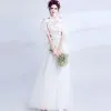 Chic / Beautiful White Evening Dresses  2018 U-Neck Tulle Butterfly Appliques Backless Evening Party Formal Dresses