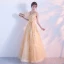 Chic / Beautiful Gold Evening Dresses  2017 A-Line / Princess V-Neck Tulle Backless Appliques Evening Party Prom Dresses