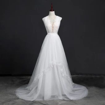 Élégant Blanche Plage Transparentes Robe De Mariée 2018 Princesse Encolure Dégagée Sans Manches Dos Nu Perle Bouton Recouvert Appliques En Dentelle Ceinture Volants Tribunal Train