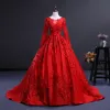 Charming Red See-through Prom Dresses 2018 Ball Gown Scoop Neck Long Sleeve Appliques Flower Chapel Train Ruffle Formal Dresses