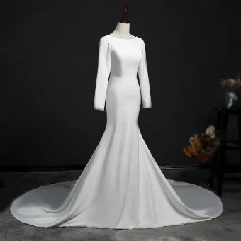 Modest Simple Ivory Wedding Dresses 2018 Trumpet Mermaid Scoop Neck Long Sleeve Backless Cathedral Train