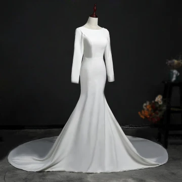 Simple Ivoire Robe De Mariée 2018 Trompette Sirène Encolure Dégagée Manches Longues Dos Nu Cathedral Train