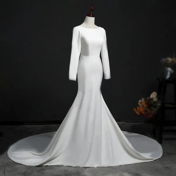 Modest / Simple Ivory Wedding Dresses 2018 Trumpet / Mermaid Scoop Neck Long Sleeve Backless Cathedral Train