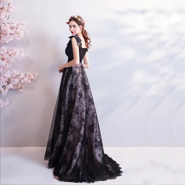 Chic / Beautiful Black 2018 Summer Evening Dresses V-Neck Tulle Lace-up Sleeveless A-Line / Princess Floor-Length / Long Crossed Straps Backless Printing Evening Party Formal Dresses