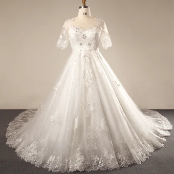 Luxury Gorgeous Ivory 2018 Wedding Crossed Straps Lace Tulle U Neck 1 2 Sleeves Appliques Backless Beading Summer Ball Gown Wedding Dresses