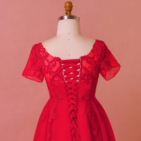 Chic / Belle Rouge Grande Taille Robe De Soirée 2018 Princesse U-Cou Tulle En Dentelle Bretelles croisées Appliques Dos Nu Perlage Été Soirée Robe De Ceremonie