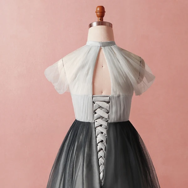 Chic / Belle Gris Grande Taille Robe De Soirée 2018 Princesse Tulle Col Haut Bretelles croisées Appliques Dos Nu Été Soirée Robe De Ceremonie