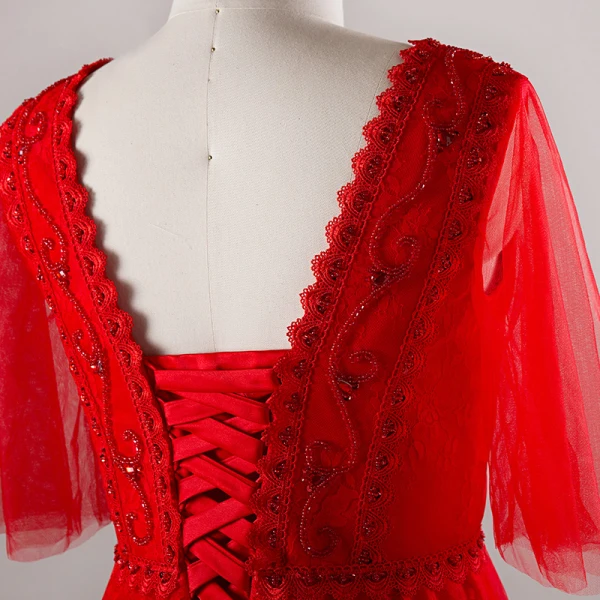 Luxury / Gorgeous Red Plus Size Evening Dresses 2018 A-Line / Princess V-Neck Tulle Lace-up Beading Backless Crystal Evening Party Prom Dresses