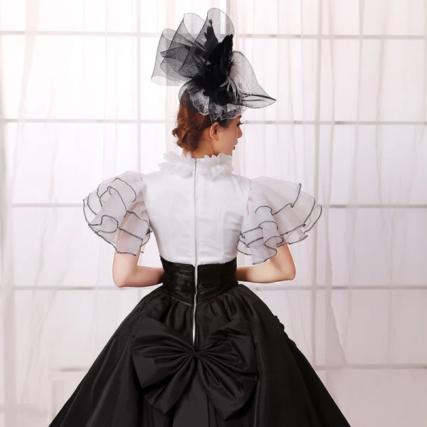 Vintage / Retro Ball Gown Black White Prom Dresses 2018 High Neck Tulle Chapel Train Puffy Zipper Buttons Beading Formal Dresses
