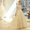 Elegant Ivory Wedding Dresses 2018 A-Line / Princess V-Neck Beading Sash Ruffle Chapel Train
