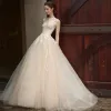 Chic / Beautiful Champagne Tulle Wedding Dresses 2017 A-Line / Princess Scoop Neck Sleeveless Crossed Straps Appliques Lace Sweep Train