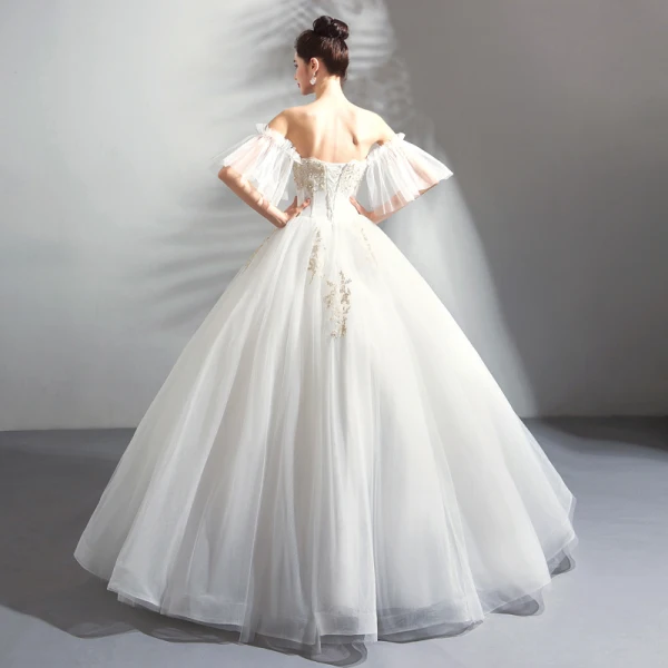 Luxury / Gorgeous Floor-Length / Long White Wedding 2018 Lace-up Tulle Strapless Appliques Backless Beading Ball Gown Wedding Dresses