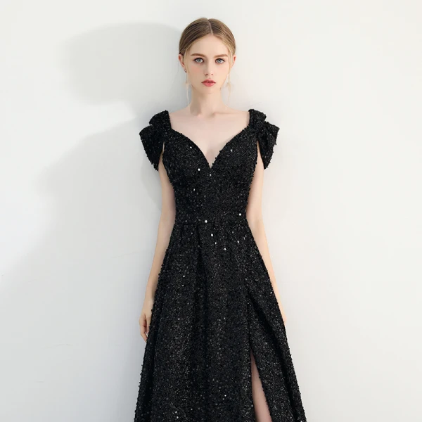 Chic / Belle Noire Princesse Robe De Soirée 2019 Mancherons V-Cou Cathedral Train Dos Nu Paillettes Polyester Soirée Robe De Ceremonie