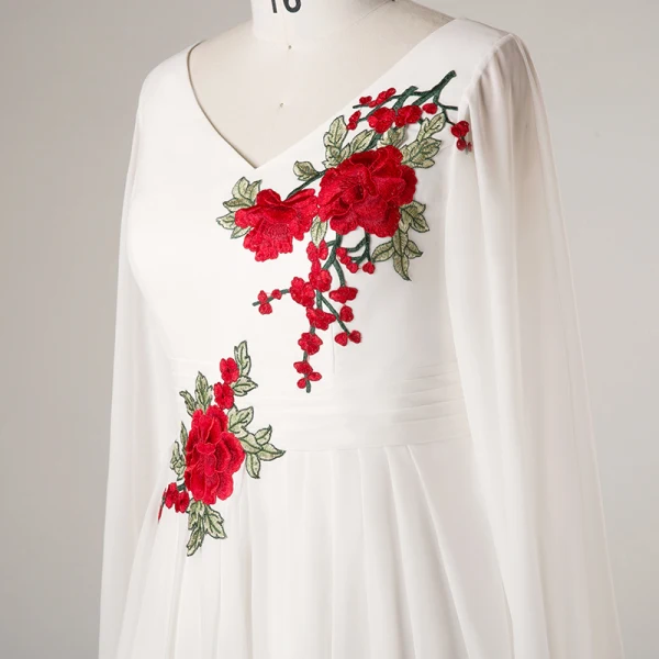 Chinese style White Plus Size Evening Dresses  2018 Zipper Up A-Line / Princess V-Neck Chiffon Embroidered Evening Party Formal Dresses
