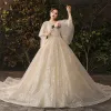 Sparkly Bling Bling Champagne Plus Size Wedding Dresses 2019 A-Line / Princess V-Neck Tulle Glitter Sequins Chapel Train Wedding