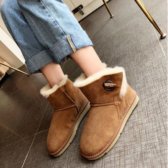 Stilig Brun Platt Snow Boots 2020 Vinter Läder Casual Trädgård Utomhus Stövletter Spänne Platåskor Stövlar Dam