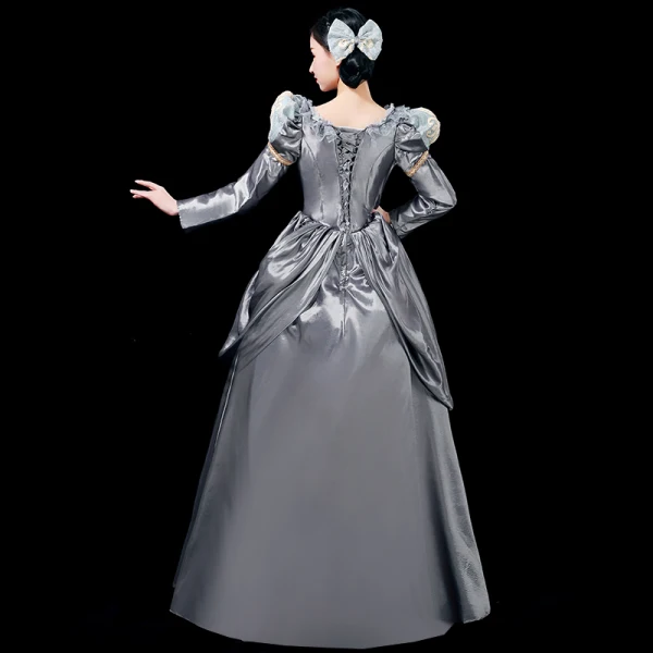 Vintage / Retro Medieval Grey Ball Gown Prom Dresses 2021 U-Neck Long Sleeve Floor-Length / Long Crossed Straps Lace Embroidered Cosplay Prom Formal Dresses
