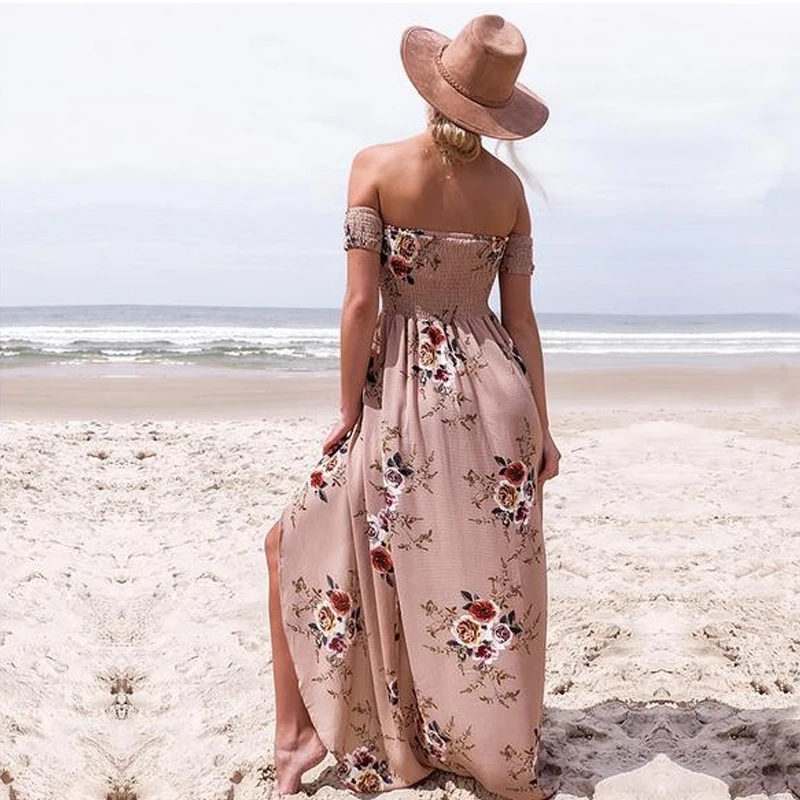 Modern Fashion Blushing Pink Tea Length Maxi Dresses 2018 A Line Princess  Chiffon Embroidered Printing Strapless Beach Women S Clothing