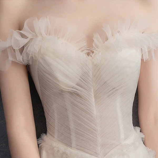 Colored Multi-Colors Wedding Dresses 2018 A-Line / Princess Off-The-Shoulder Short Sleeve Backless Ruffle Cathedral Train