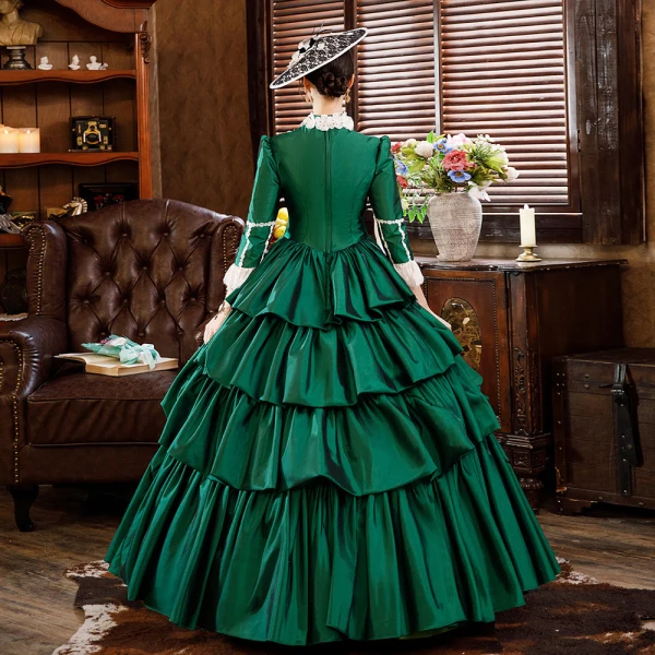 Vintage / Retro Antique Dark Green Ball Gown Evening Dresses  2021 3D Lace Beading Pearl Flower Floor-Length / Long Long Sleeve Scoop Neck Cosplay Dancing Prom Dresses Winter Formal Dresses
