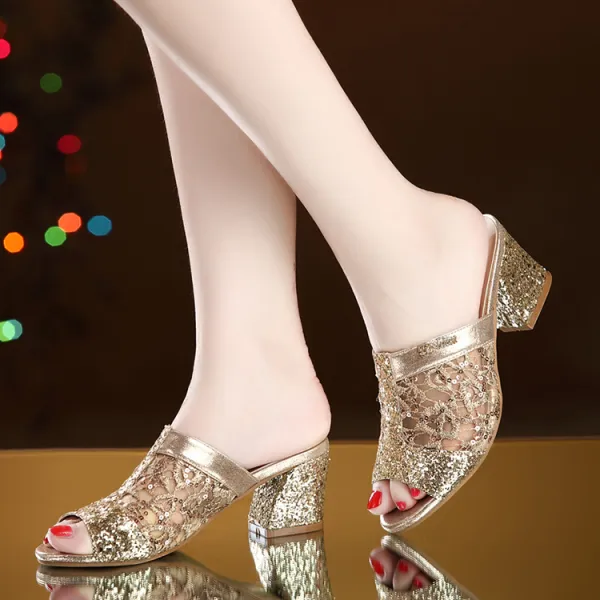 Chic / Beautiful 2017 Gold Beach Leatherette Summer Sequins Thick Heels Mid Heels 5 cm Sandals 5 cm / 2 inch Open / Peep Toe Womens Sandals