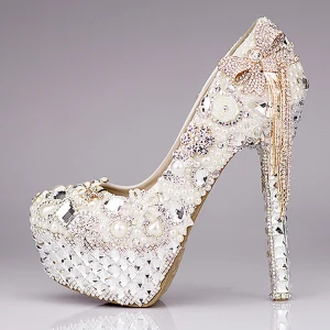 Mooie Prachtige 2017 14 Cm Witte Toevallig Pu Kristal Rhinestone Hoge Hakken Naaldhakken Stiletto Pumps Bruidsschoenen