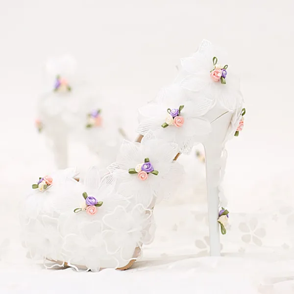 Elegant 2017 10 cm / 4 inch White Casual PU Appliques High Heels Stiletto Heels 10 cm Pumps Wedding Shoes