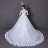 Chic / Beautiful Flower Wedding Dresses 2017 Off-The-Shoulder Outdoor / Garden White Ball Gown