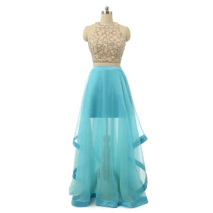 Scintillantes 2 Pièces Bleu Robe De Bal 2017 Princesse Encolure Dégagée Sans Manches Perlage Perle Paillettes Volants Satin Bleu Chiffon Longue Robe De Ceremonie