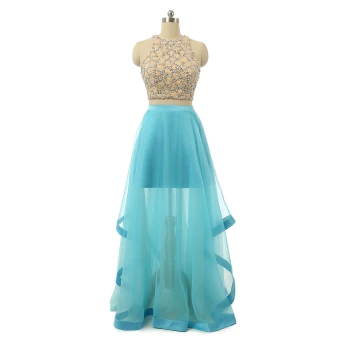 Sparkly 2 Piece Pool Blue Prom Dresses 2017 A Line Princess Scoop Neck Sleeveless Beading Pearl Sequins Ruffle Satin Pool Blue Chiffon Floor Length Long Formal Dresses