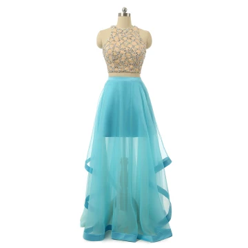 Glittrande 2 Bit Blå Balklänningar 2017 Prinsessa Urringning Ärmlös Beading Pärla Paljetter Ruffle Satin Blå Chiffong Långa Formella Klänningar