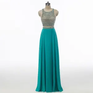 Sparkly Rhinestone Prom Dresses 2017 A Line Princess Scoop Neck Sleeveless Heart Shaped Backless Beading Sequins Jade Green Chiffon Floor Length Long Formal Dresses