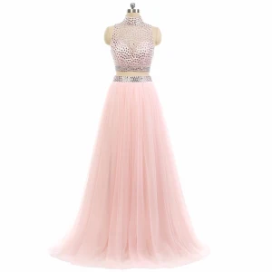 Glittrande 2 Bit Candy Rosa Balklänningar 2017 Prinsessa Hög Hals Ärmlös Beading Rhinestone Tyll Formella Klänningar Svep Tåg