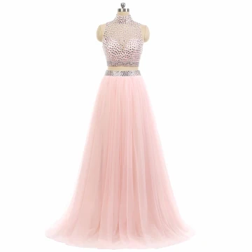 Glittrande 2 Bit Candy Rosa Balklänningar 2017 Prinsessa Hög Hals Ärmlös Beading Rhinestone Tyll Formella Klänningar Svep Tåg