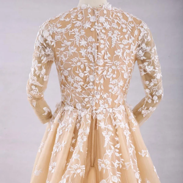 Elegant Champagne Wedding Dresses 2017 A-Line / Princess V-Neck Long Sleeve Appliques Lace Ruffle Tulle Chapel Train